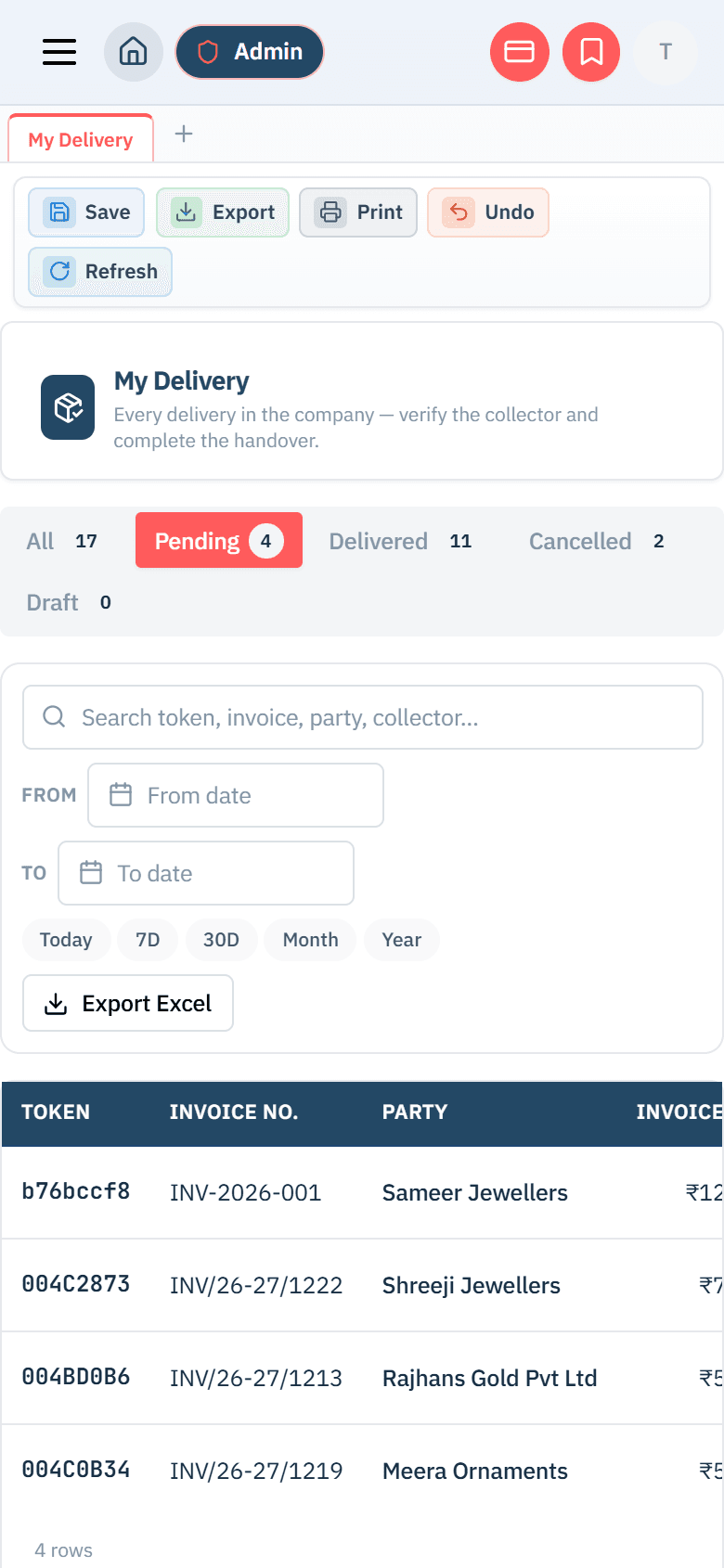 Valenza Secure Delivery on a phone — the delivery list with pending, delivered and cancelled
