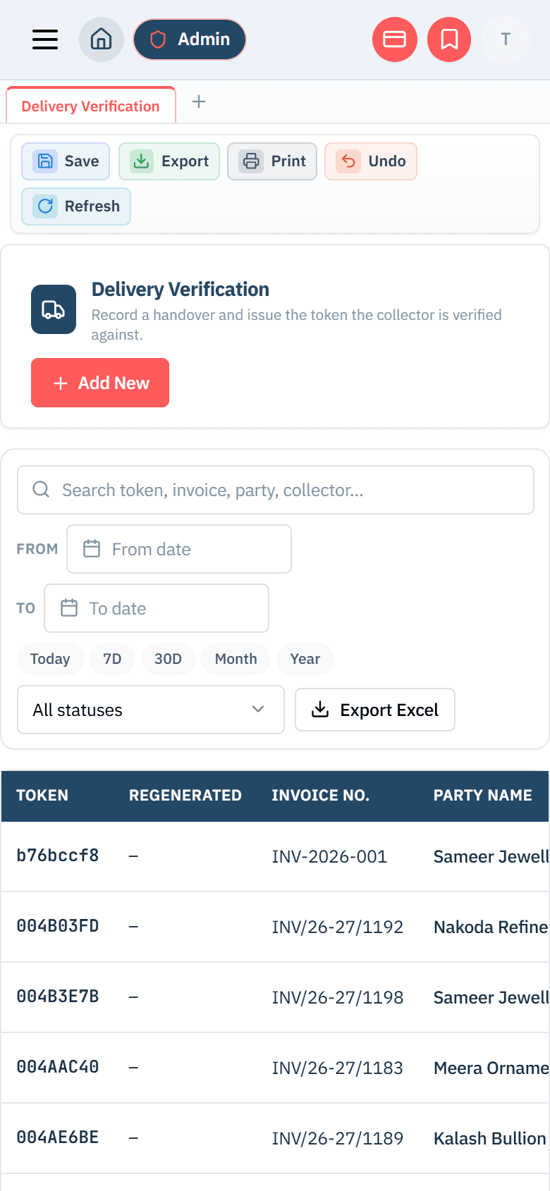 Valenza delivery verification on a phone — tokens, invoices and parties
