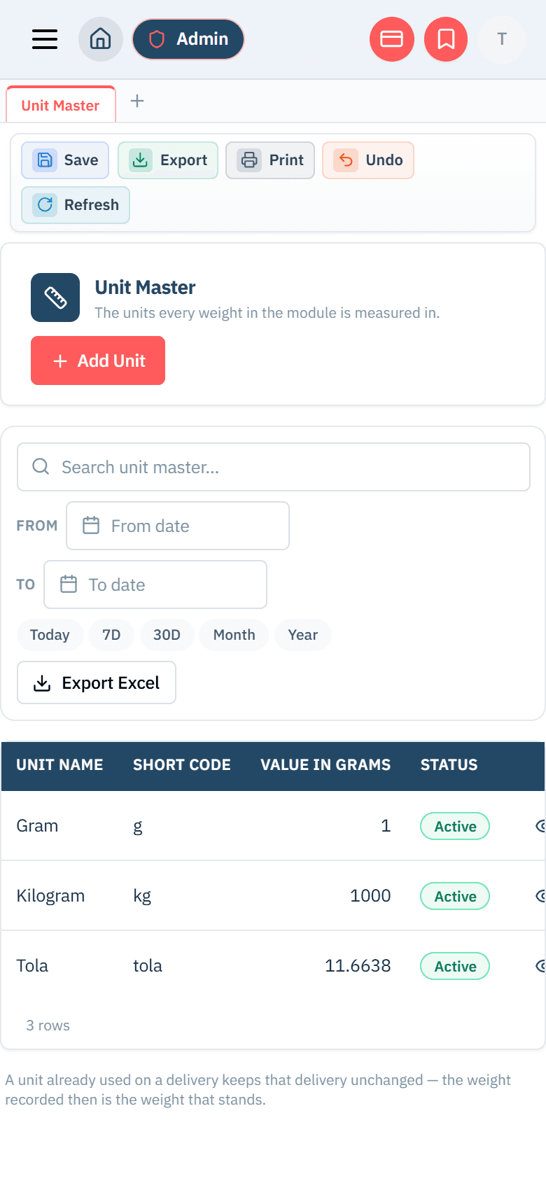 Valenza Secure Delivery Unit Master on a phone — gram, kilogram and tola